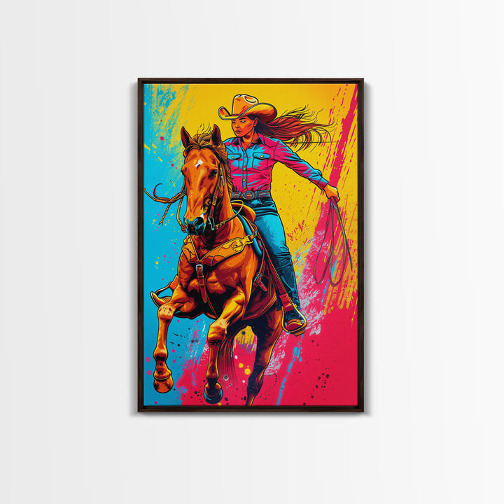 Bold Pop Art Cowgirl Riding Horse with Bright Colors - Framed Canvas Print, Equestrian Decor, Cowgirl Art for Bedroom, Living Room Wall Art