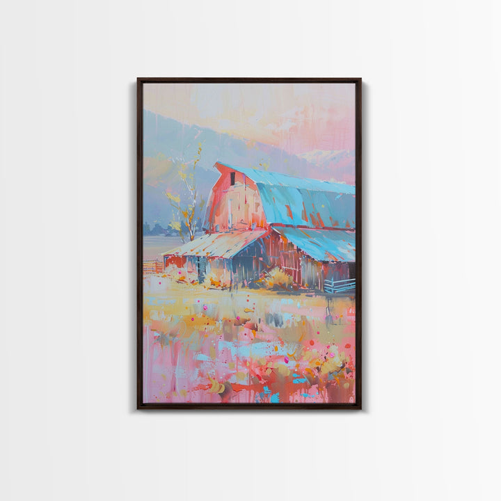 Rustic Pastel Barn in Countryside Landscape - Framed Canvas Print, Farmhouse Decor, Country Art for Living Room, Rustic Wall Art for Home