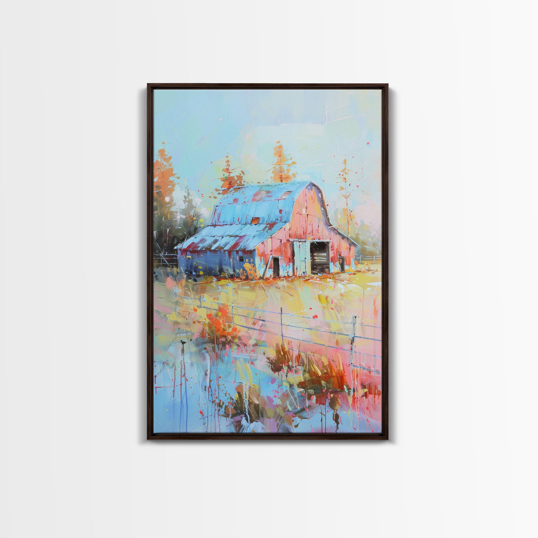 Serene Barn Scene in Soft Pastel Hues - Framed Canvas Print, Rustic Decor, Countryside Art for Bedroom, Farmhouse Wall Art for Living Room