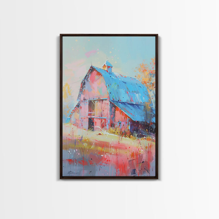 Charming Barn with Blue Roof in Pastel Colors - Framed Canvas Print, Rustic Farmhouse Decor, Country Art for Home, Living Room Wall Art