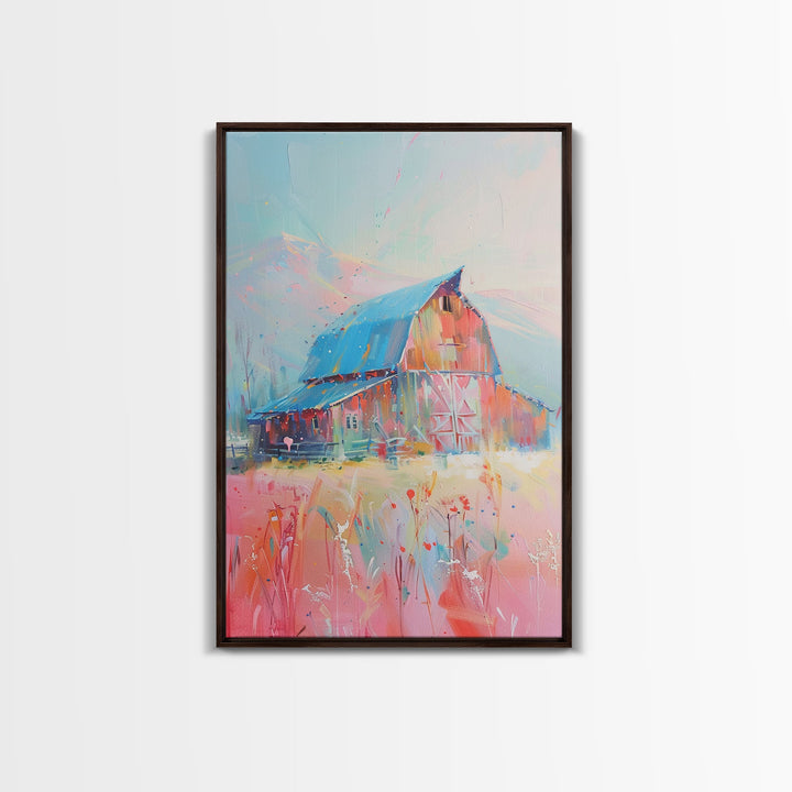Idyllic Pastel Barn Scene in Vibrant Colors - Framed Canvas Print, Farmhouse Decor, Countryside Art for Bedroom, Rustic Wall Art Living Room