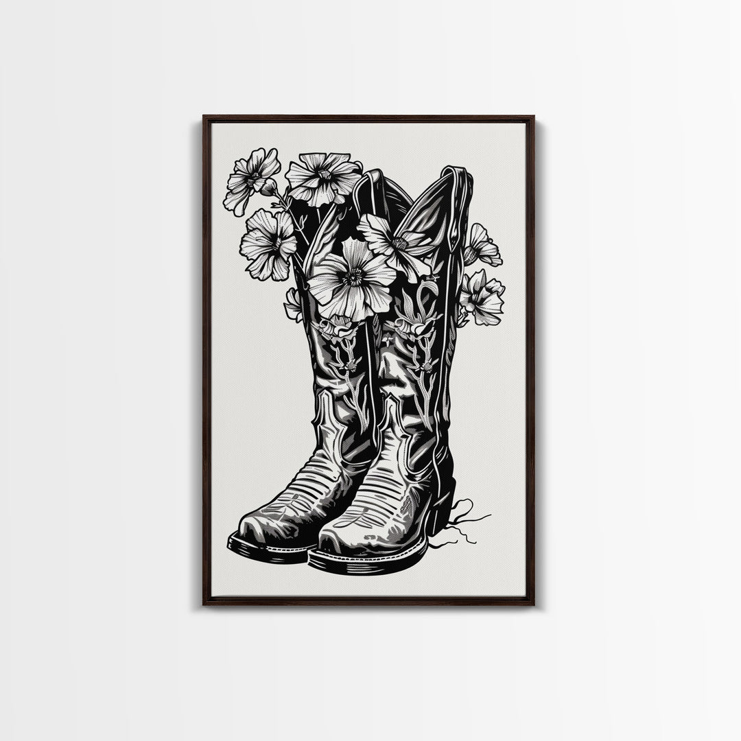 Floral Cowboy Boots Art Print, Retro Western Framed Canvas, Vintage Flower Boots Artwork, Unique Wall Decor for Home
