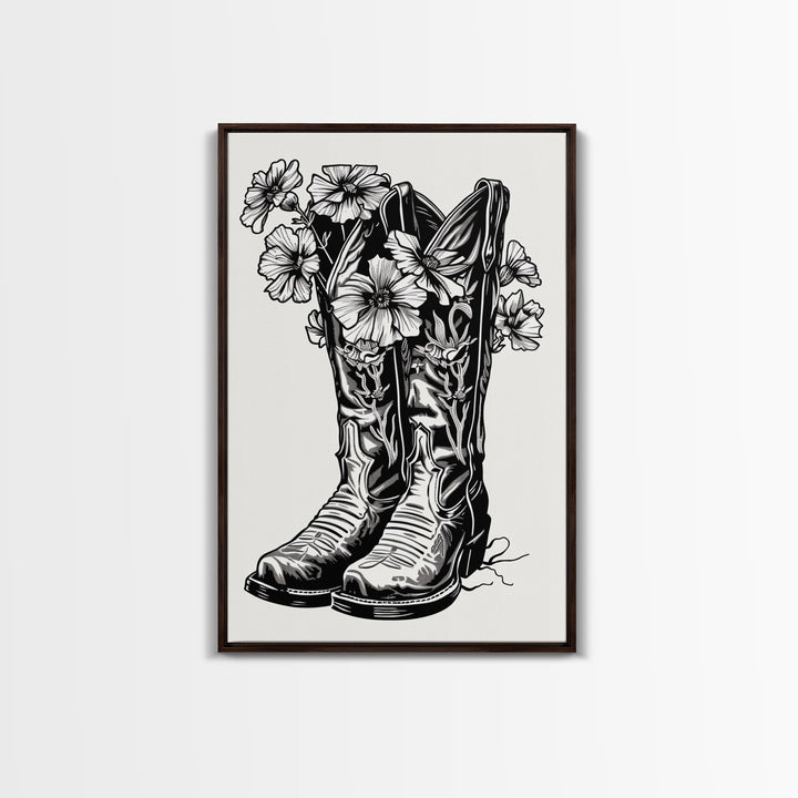 Floral Cowboy Boots Art Print, Retro Western Framed Canvas, Vintage Flower Boots Artwork, Unique Wall Decor for Home