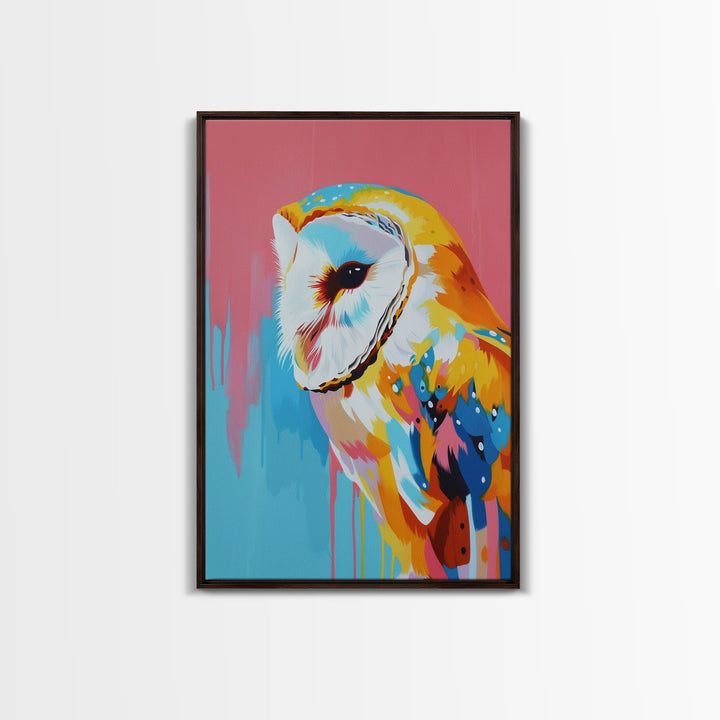 Colorful Owl Pop Art on Pink and Blue Background - Framed Canvas Print, Bird Decor, Owl Art for Living Room, Vibrant Wall Art for Bedroom