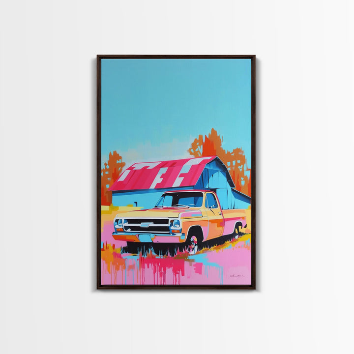 Vintage Truck with Colorful Barn in Background - Framed Canvas Print, Retro Decor, Truck Art for Bedroom, Farmhouse Wall Art for Living Room