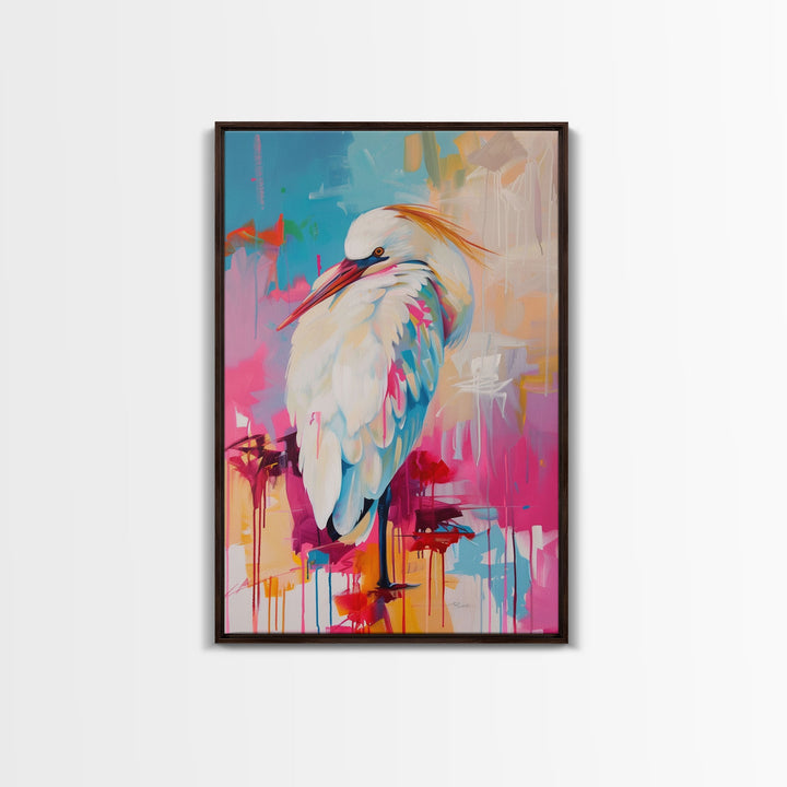 Elegant White Bird in Colorful Abstract Background - Framed Canvas Print, Bird Decor Modern Art for Living Room Vibrant Wall Art for Bedroom