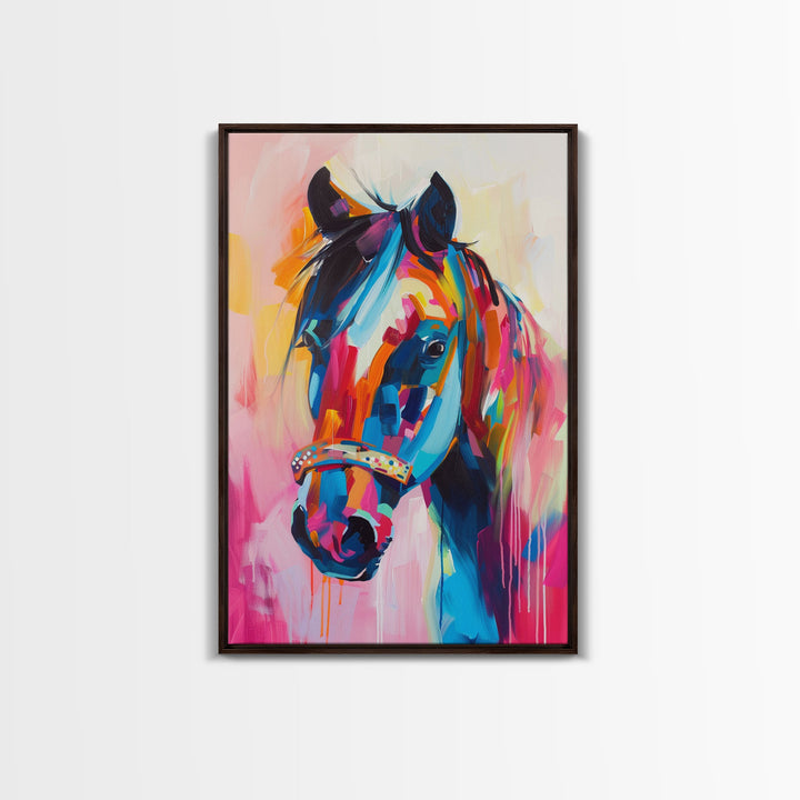 Colorful Horse Portrait in Pop Art Style - Framed Canvas Print, Horse Decor, Equestrian Art for Living Room, Bright Wall Art for Bedroom