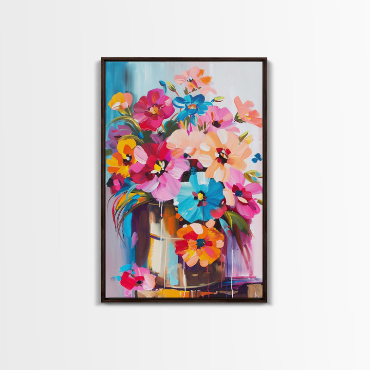 Bold Floral Bouquet in Bright Colors - Framed Canvas Print, Flower Decor, Floral Art for Bedroom, Vibrant Wall Art for Living Room