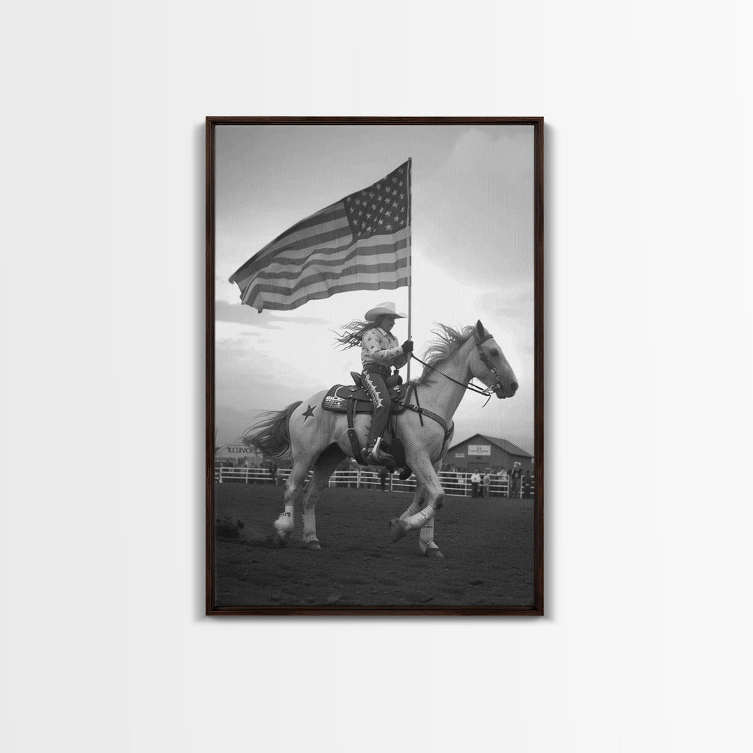 Cowgirl with American Flag Art Print, Western Rodeo Framed Canvas, Vintage Black and White Photography, Unique Home Decor