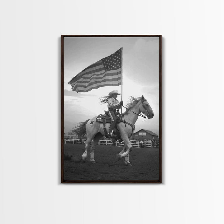 Cowgirl with American Flag Art Print, Western Rodeo Framed Canvas, Vintage Black and White Photography, Unique Home Decor