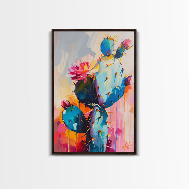 Flowering Cactus Framed Canvas Print - Desert Plant Wall Art, Living Room Decor, Modern Artwork, Unique Succulent Art for Bedroom and Office