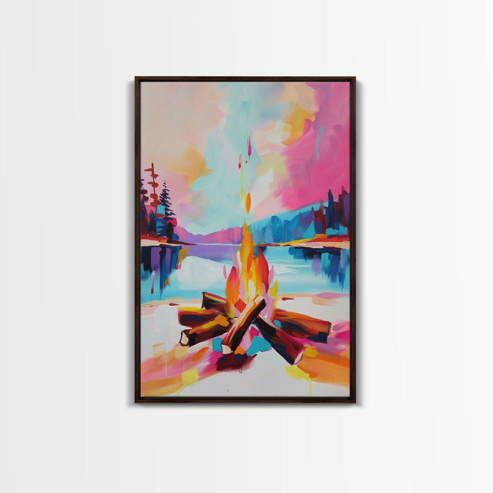 Campfire by the Lake Framed Canvas Print - Colorful Nature Wall Art, Living Room Decor, Modern Artwork, Unique Fire Art for Bedroom Office