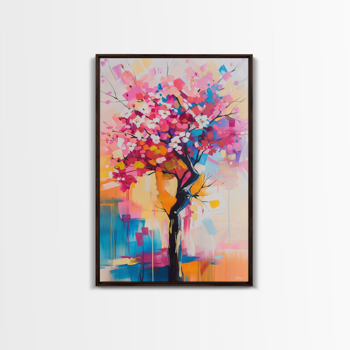 Colorful Blossom Tree Framed Canvas Print - Nature Wall Art, Living Room Decor, Modern Artwork, Unique Floral Art for Bedroom and Office