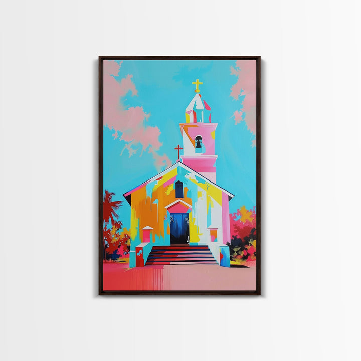 Vibrant Church Art in Pastel Hues - Framed Canvas Print, Colorful Religious Decor, Contemporary Church Wall Art for Living Room or Bedroom
