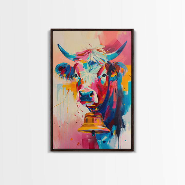 Expressive Cow Art in Bold Hues - Framed Canvas Print, Colorful Animal Decor, Modern Farmhouse Wall Art for Living Room or Bedroom