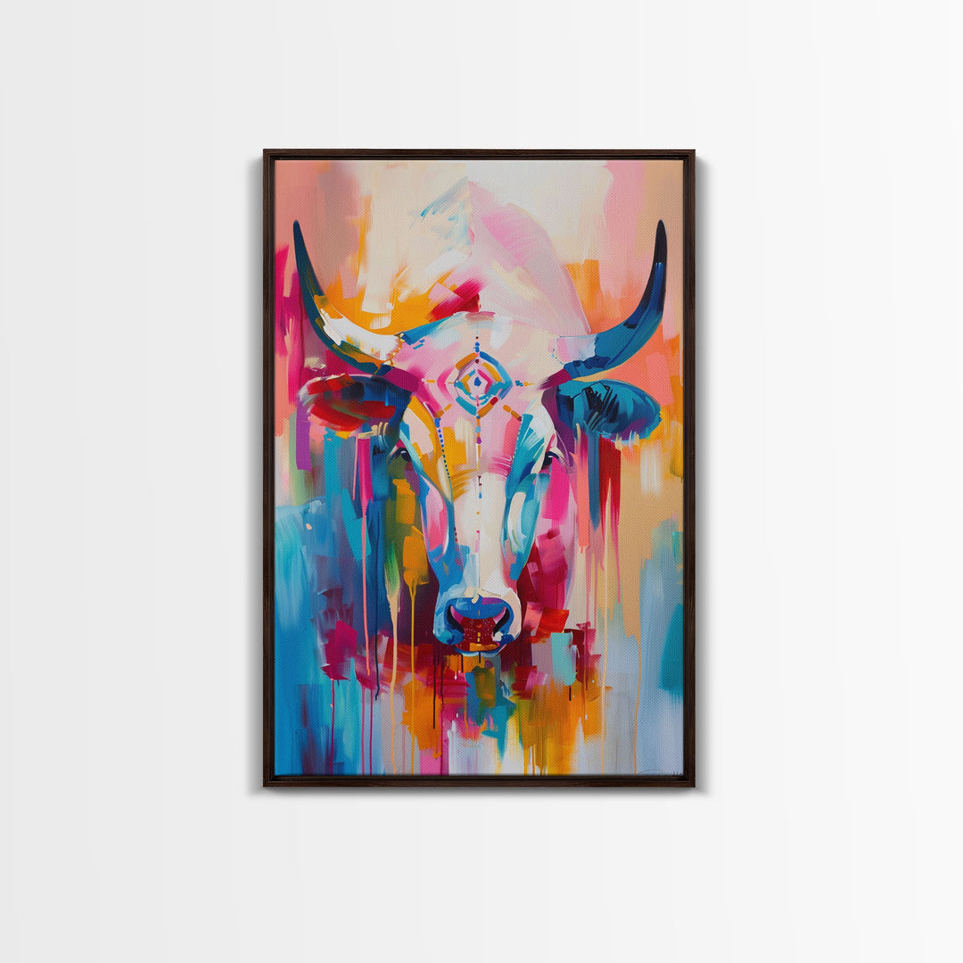 Colorful Bull Painting with Abstract Style - Framed Canvas Print, Bold Animal Wall Art, Modern Bull Decor for Living Room or Bedroom