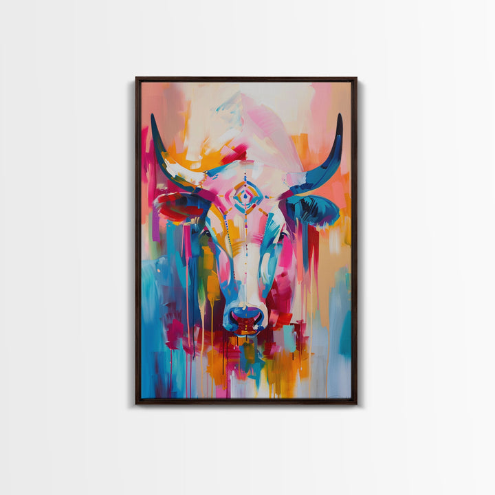 Colorful Bull Painting with Abstract Style - Framed Canvas Print, Bold Animal Wall Art, Modern Bull Decor for Living Room or Bedroom