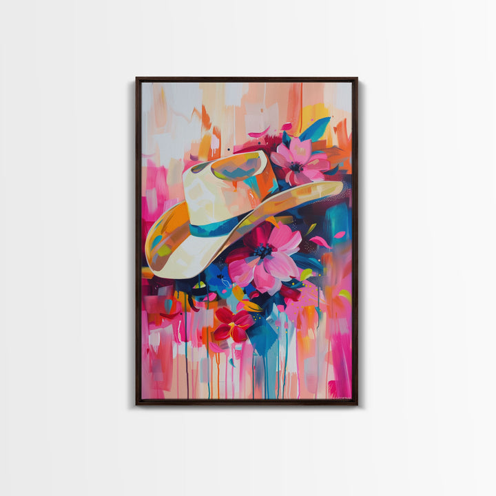 Cowboy Hat with Flowers in Bold Colors - Framed Canvas Print, Vibrant Western Decor, Colorful Hat Wall Art for Living Room or Bedroom