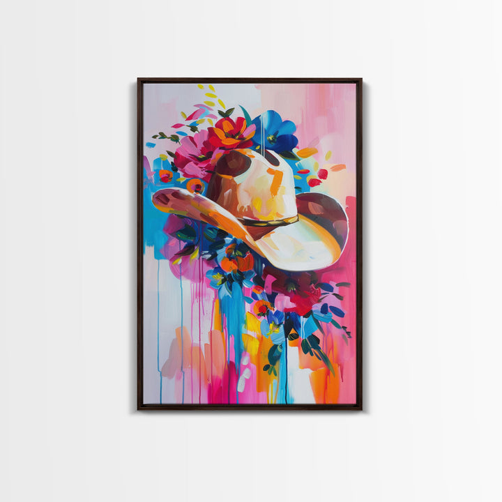 Colorful Cowboy Hat with Floral Accents - Framed Canvas Print, Modern Western Decor, Bold Hat Wall Art for Living Room or Bedroom
