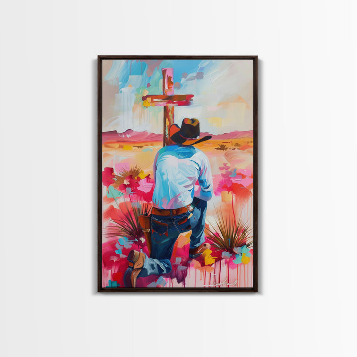 Cowboy Praying by the Cross in Vibrant Colors - Framed Canvas Print, Colorful Western Decor, Modern Cowboy Wall Art for Living Room Bedroom