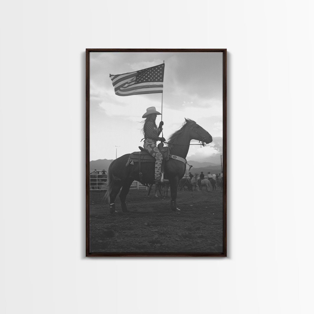 Cowgirl Riding with Flag Art Print, Western Rodeo Framed Canvas, Vintage Black and White Photography, Unique Home Decor