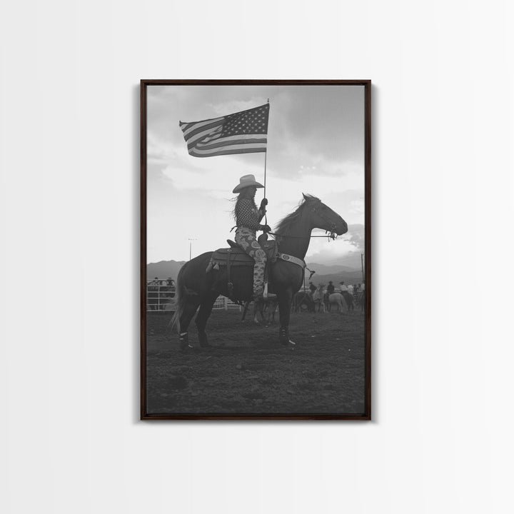Cowgirl Riding with Flag Art Print, Western Rodeo Framed Canvas, Vintage Black and White Photography, Unique Home Decor