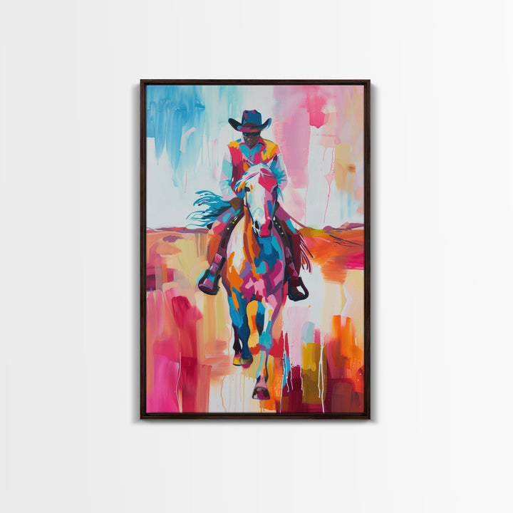 Colorful Cowboy on Horseback Art - Framed Canvas Print, Western Decor, Dynamic Living Room Wall Art, Horse Rider Artwork