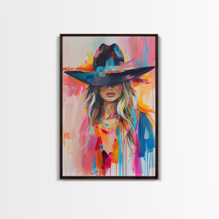 Modern Cowgirl in Hat Art - Framed Canvas Print, Stylish Bedroom Wall Art, Vibrant Living Room Decor, Contemporary Cowgirl Portrait
