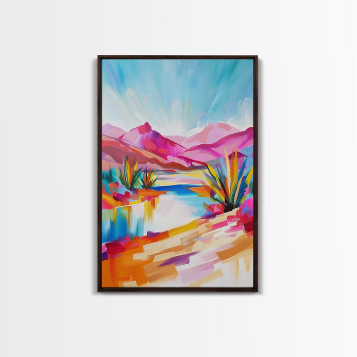 Bright Southwestern Landscape Art - Framed Canvas Print, Desert Decor, Vibrant Living Room Wall Art, Colorful Nature Scene