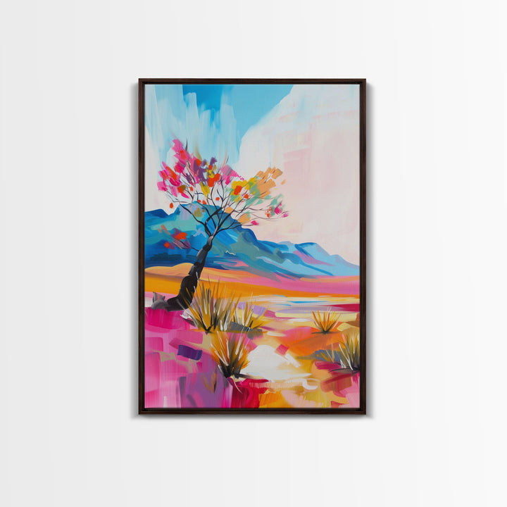 Bright Desert Tree Art - Framed Canvas Print, Southwestern Decor, Colorful Living Room Wall Art, Modern Desert Landscape