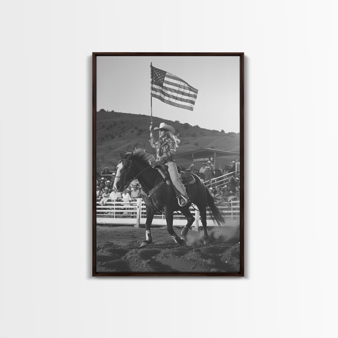 Cowgirl Flag Bearer Art Print, Western Rodeo Framed Canvas, Vintage Black and White Photography, Unique Wall Decor