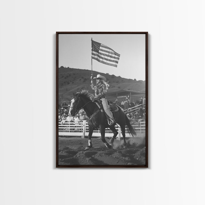 Cowgirl Flag Bearer Art Print, Western Rodeo Framed Canvas, Vintage Black and White Photography, Unique Wall Decor