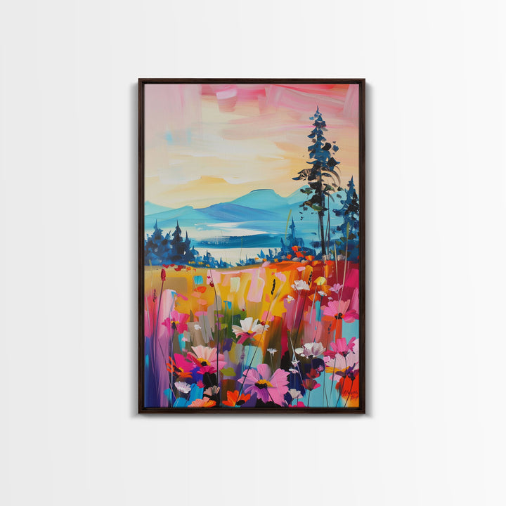 Serene Landscape with Wildflowers Framed Canvas Print - Pastel Sunset Wall Art, Tranquil Living Room Decor, Nature-Inspired Bedroom Art