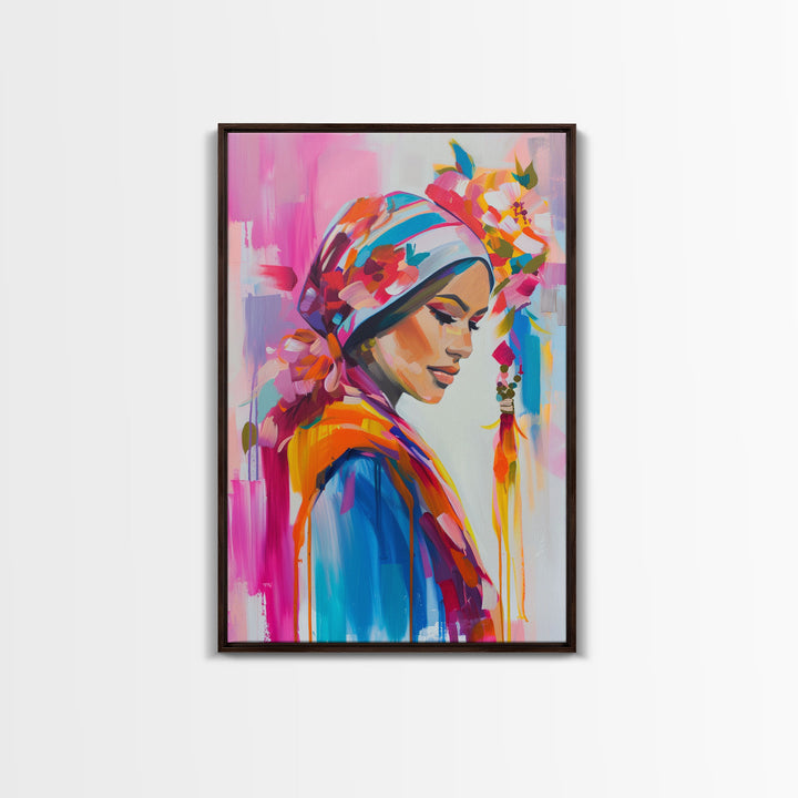 Portrait of Woman in Floral Headscarf Framed Canvas Print - Elegant Wall Art, Feminine Living Room Decor, Artistic Bedroom Art