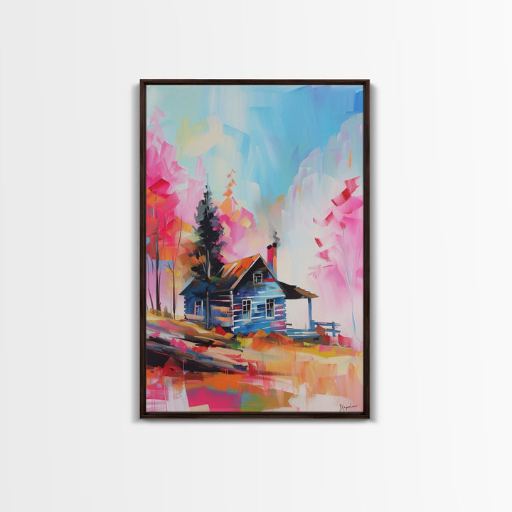 Cozy Cabin in Colorful Forest Framed Canvas Print - Charming Cottage Wall Art, Cozy Living Room Decor, Warm Bedroom Art, Rustic Home Decor
