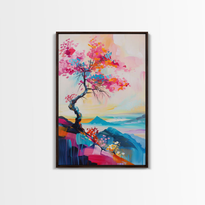 Colorful Tree on a Cliff - Framed Canvas Print, Vibrant Wall Art, Living Room Decor, Modern Nature Artwork, Bold Tree Art, Bedroom Decor