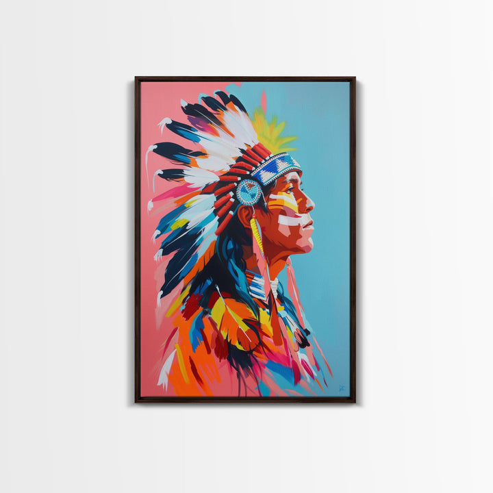 Colorful Native American Portrait - Framed Canvas Print, Vibrant Wall Art, Modern Living Room Decor, Bold Cultural Artwork, Native Art Print