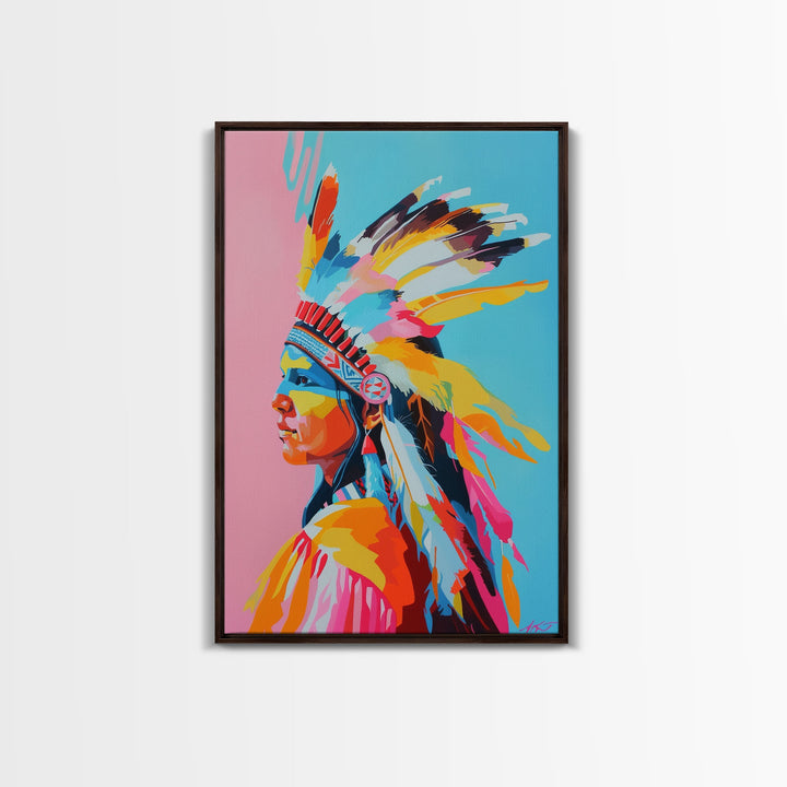 Colorful Native American Woman Framed Canvas Print - Stunning Wall Art, Bedroom Decor, Vibrant Tribal Artwork for Living Room