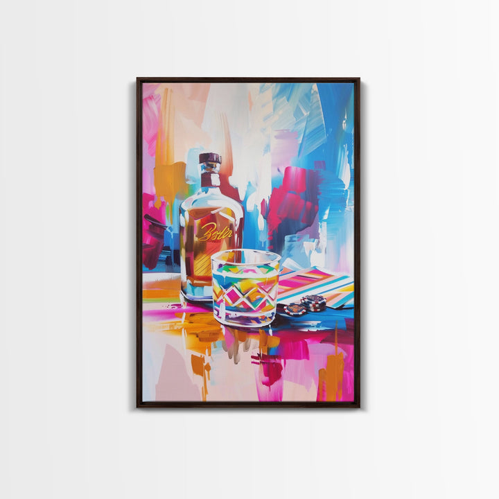 Colorful Whiskey Bottle and Glass Framed Canvas Print - Modern Bar Art, Living Room Decor, Vibrant Wall Art for Home Decoration