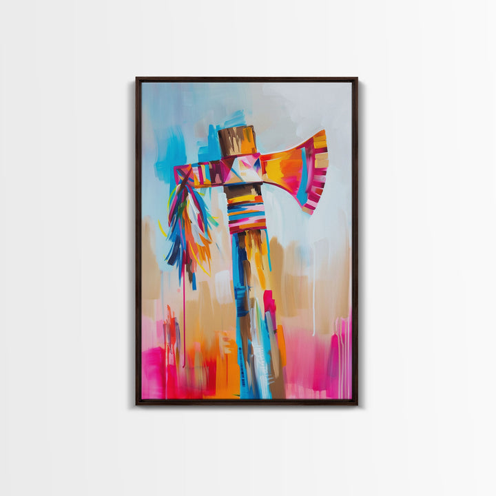 Colorful Feathered Axe Art - Framed Canvas Print, Vibrant Living Room Decor, Unique Wall Art, Modern Home Decor