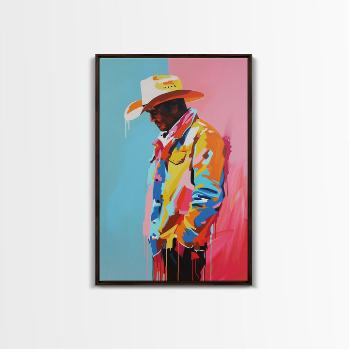 Colorful Pensive Cowboy Art - Framed Canvas Print, Vibrant Living Room Decor, Unique Wall Art, Modern Home Decor