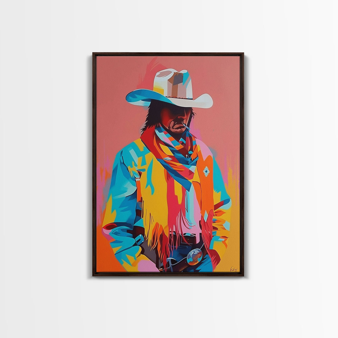 Modern Cowboy with Scarf and Hat Framed Canvas Print, Vibrant