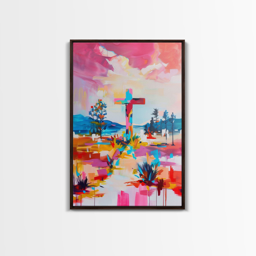 Cross on Vibrant Landscape - Framed Canvas Print, Colorful Western Art, Inspirational Wall Art for Living Room Decor
