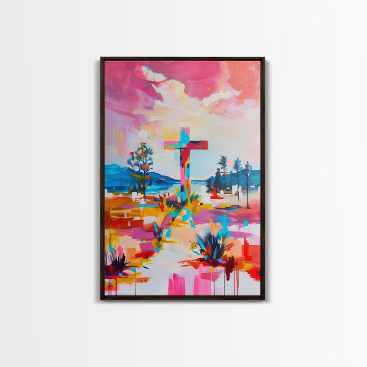 Cross on Vibrant Landscape - Framed Canvas Print, Colorful Western Art, Inspirational Wall Art for Living Room Decor