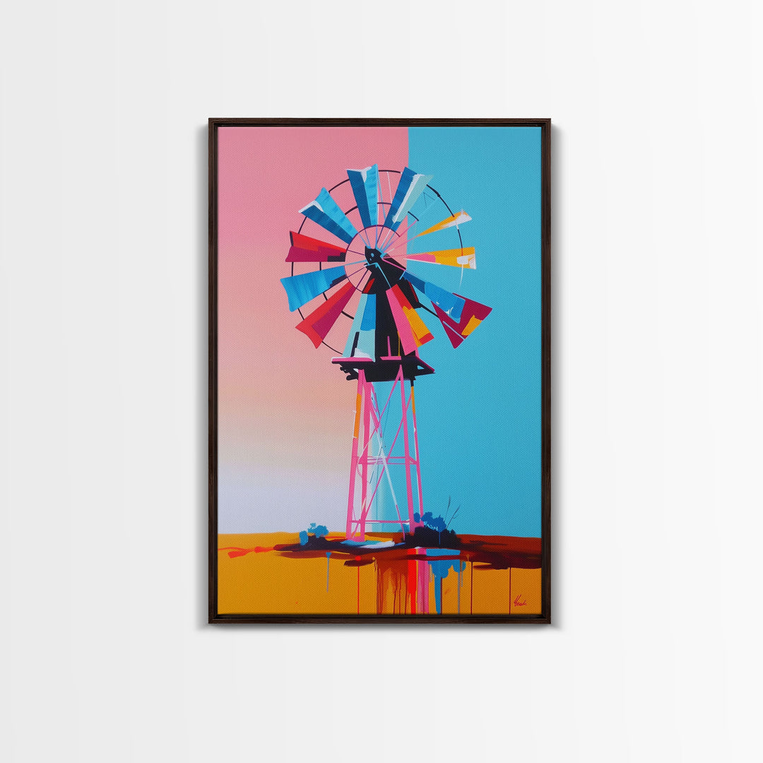 Bright Windmill Abstract Art - Framed Canvas Print, Whimsical Windmill Decor, Colorful Farmhouse Wall Art, Unique Living Room Decor