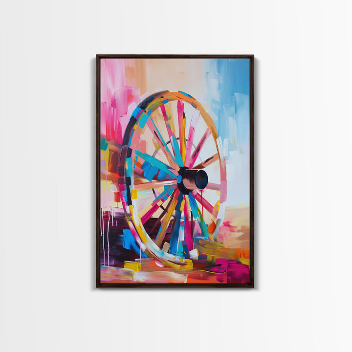 Vintage Wagon Wheel Canvas Art - Framed Canvas Print, Rustic Farmhouse Decor, Colorful Wheel Wall Art, Retro Bedroom Decoration