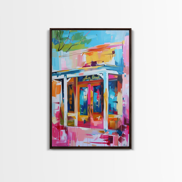 Colorful Abstract Storefront - Framed Canvas Print, Urban Landscape Art, City Vibes Decor for Home or Office