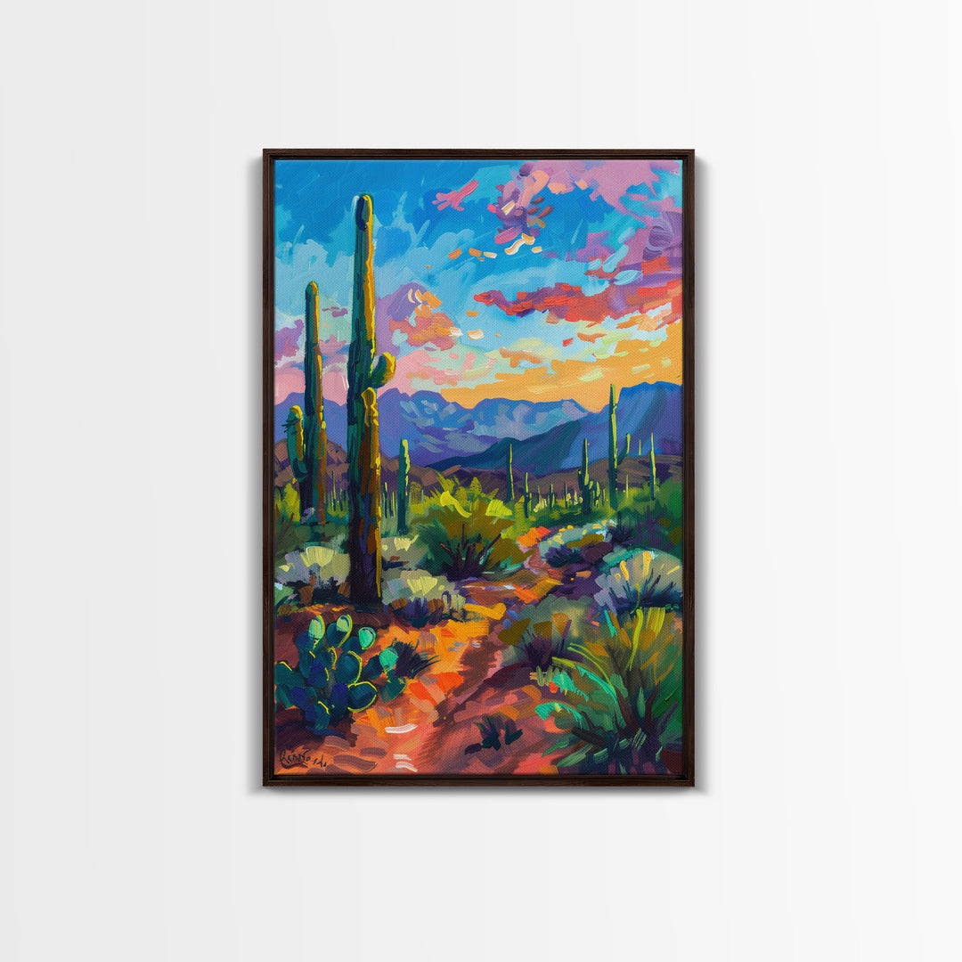 Framed Canvas Print, Cactus and Desert Path Wall Art, Vibrant Southwest Landscape for Living Room or Bedroom, Nature Art Poster Piece