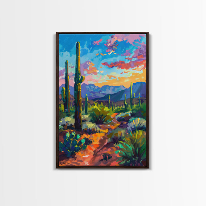Framed Canvas Print, Cactus and Desert Path Wall Art, Vibrant Southwest Landscape for Living Room or Bedroom, Nature Art Poster Piece