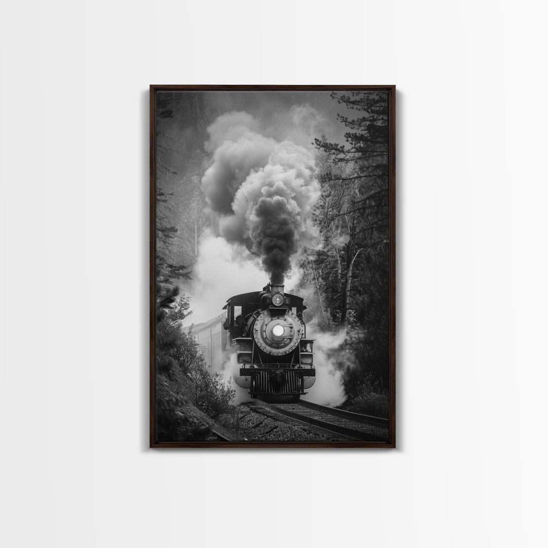 Steam Locomotive in the Forest Black and White Photography - Framed Canvas Print, Railroad Art, Vintage Train Wall Art for Home